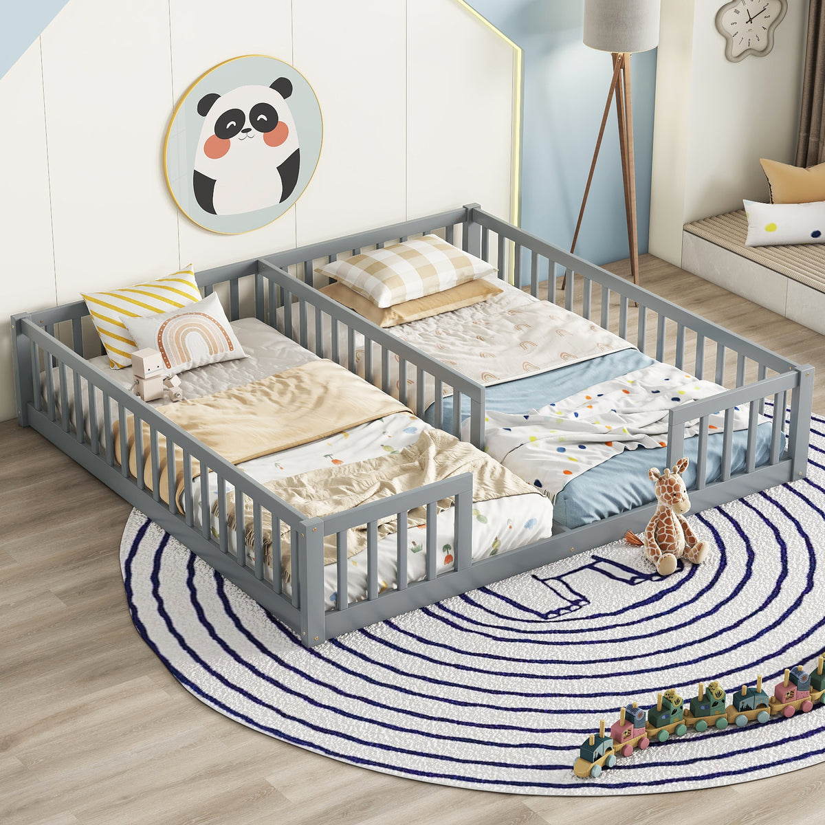 Gray Double Twin Toddler Floor Bed with Fence and Guardrails