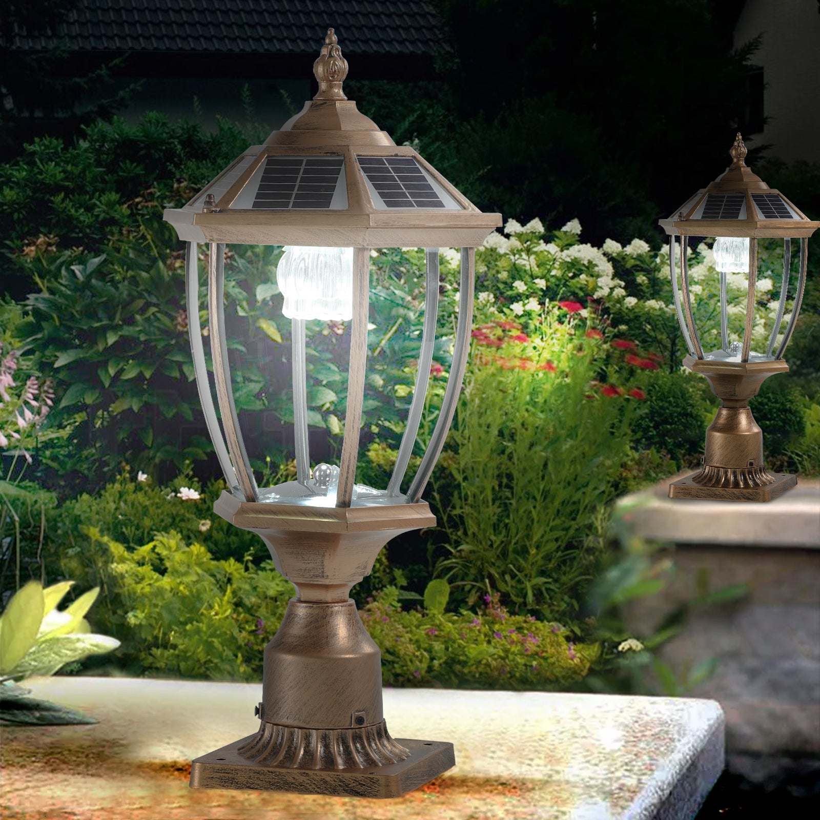 Contemporary Gold Pair of Solar Column Headlights with Dimmable LED