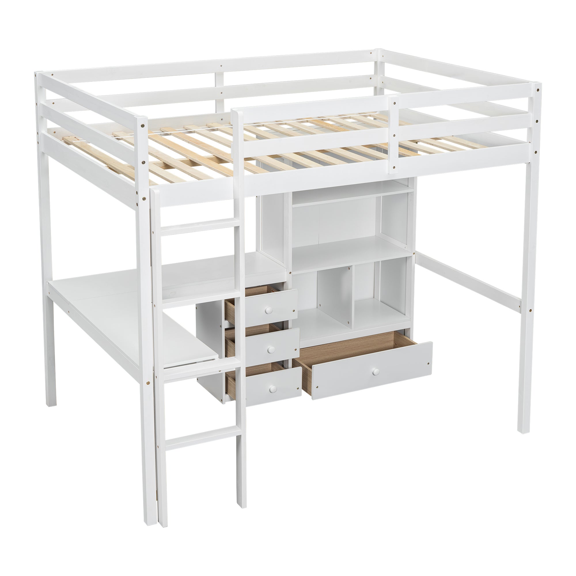 White Full Size Loft Bed with Desk, Storage Shelves, Drawers, and Built-in Ladder