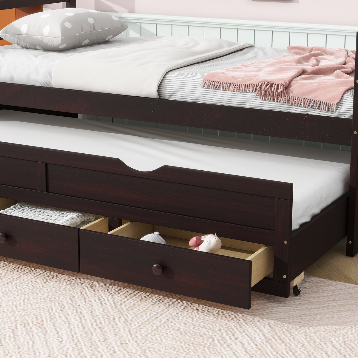 Twin Size Espresso Pine Wood Bed with Headboard, Footboard, Trundle &amp; Three Storage Drawers