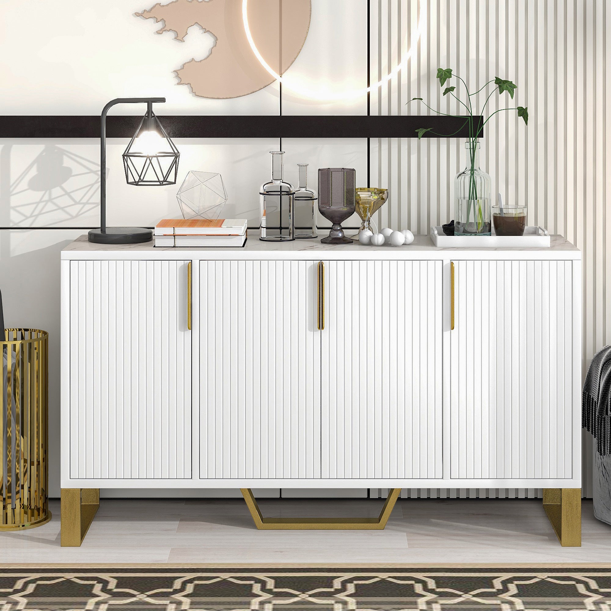 Modern Sideboard with Four Doors Metal Handles Adjustable Shelves Kitchen Cabinet In White