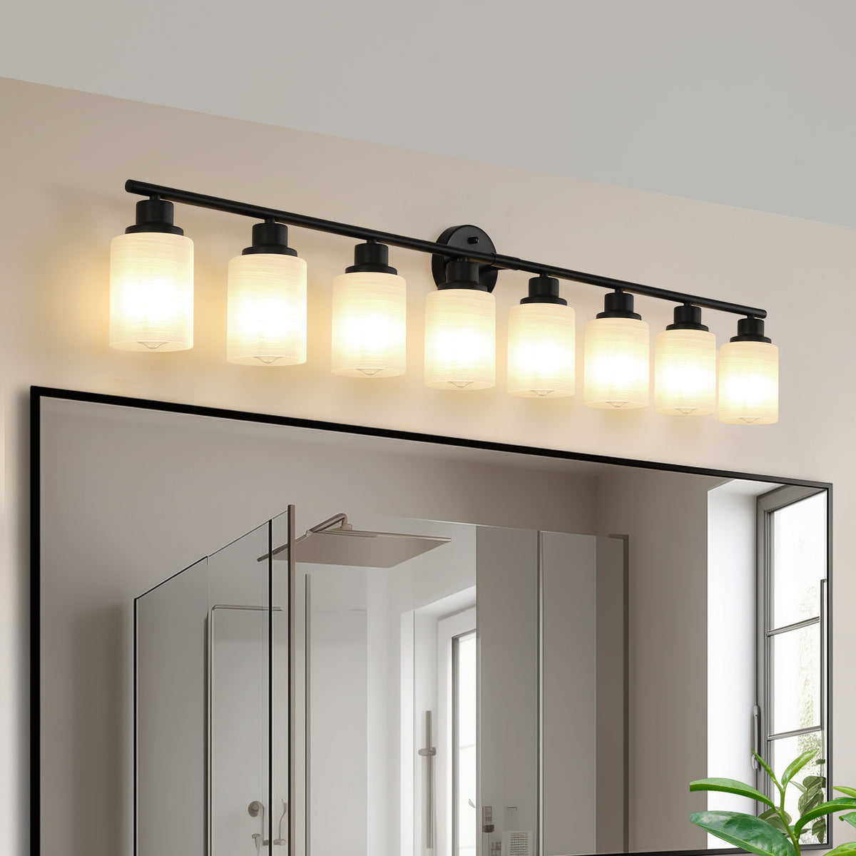 Aestin&#39;s Black Iron &amp; Glass Framed 8-Light Vanity Bathroom Mirror Light