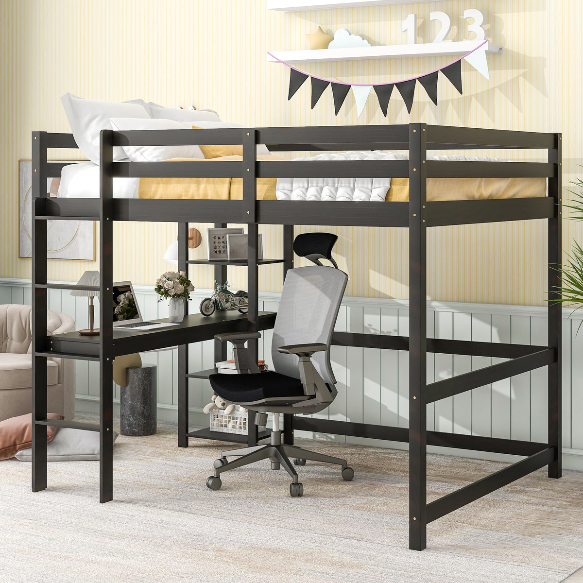 Full Loft Bed with Desk and Shelves in Espresso