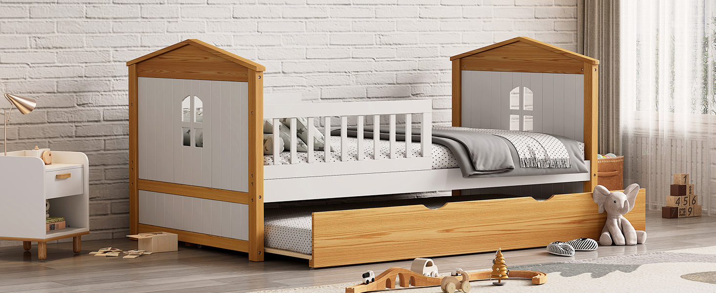 Twin House Bed with Trundle and Fence Guardrails