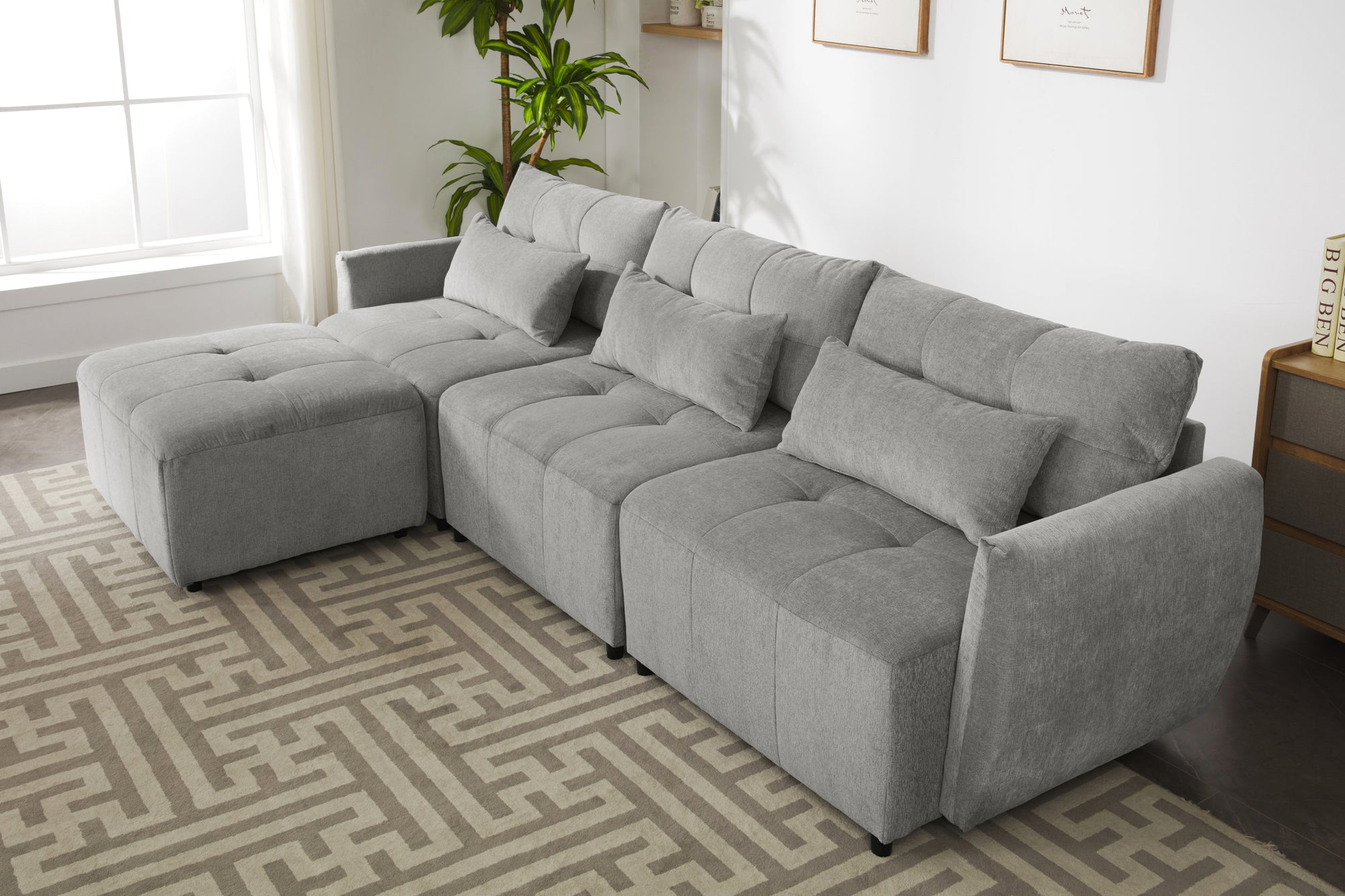 Khartoum Sectional Sofa with Movable Ottoman in Grey Chenille