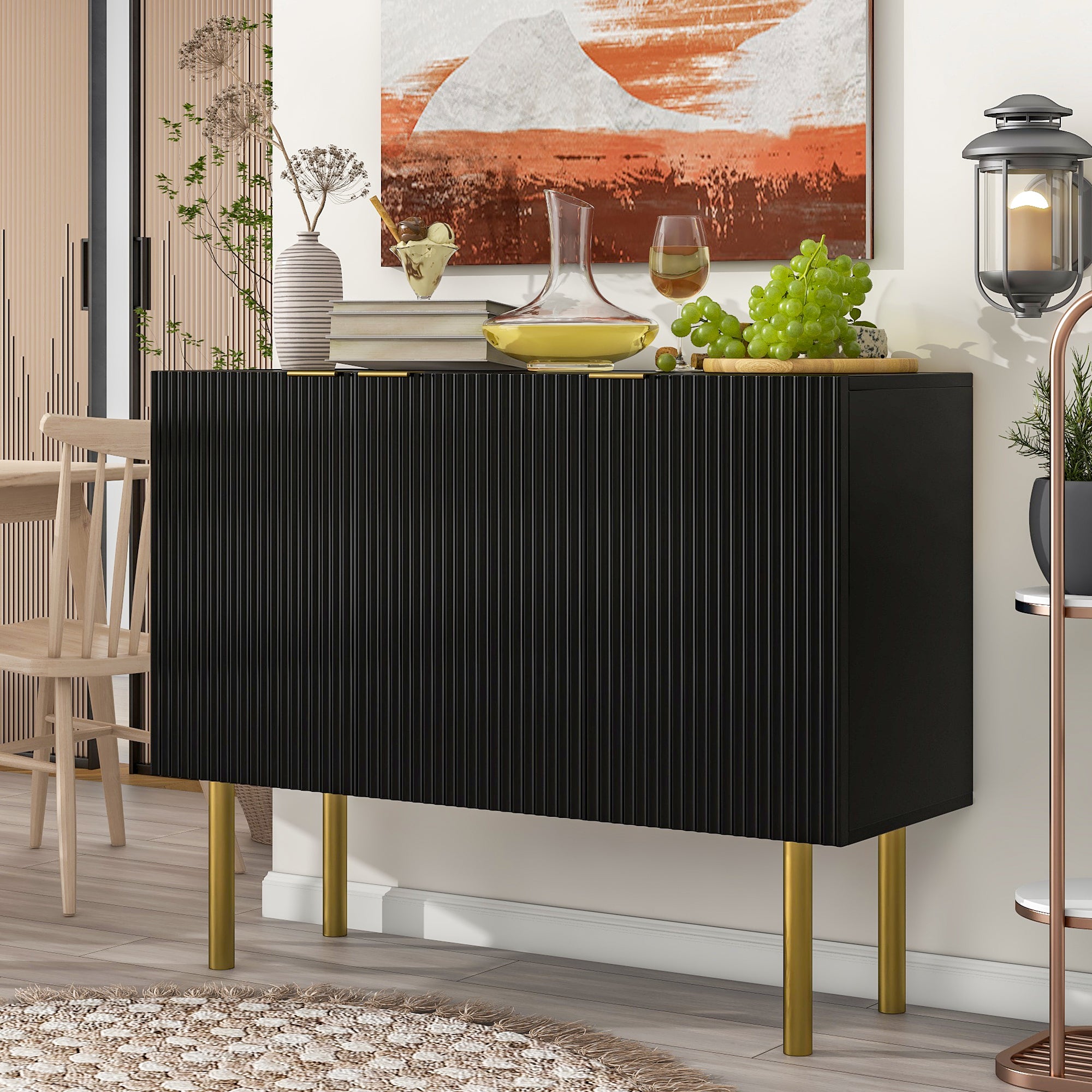 Modern Simple Luxury Sideboard Cabinet With Gold Legs Adjustable Shelves For Living Room Dining Room In Black