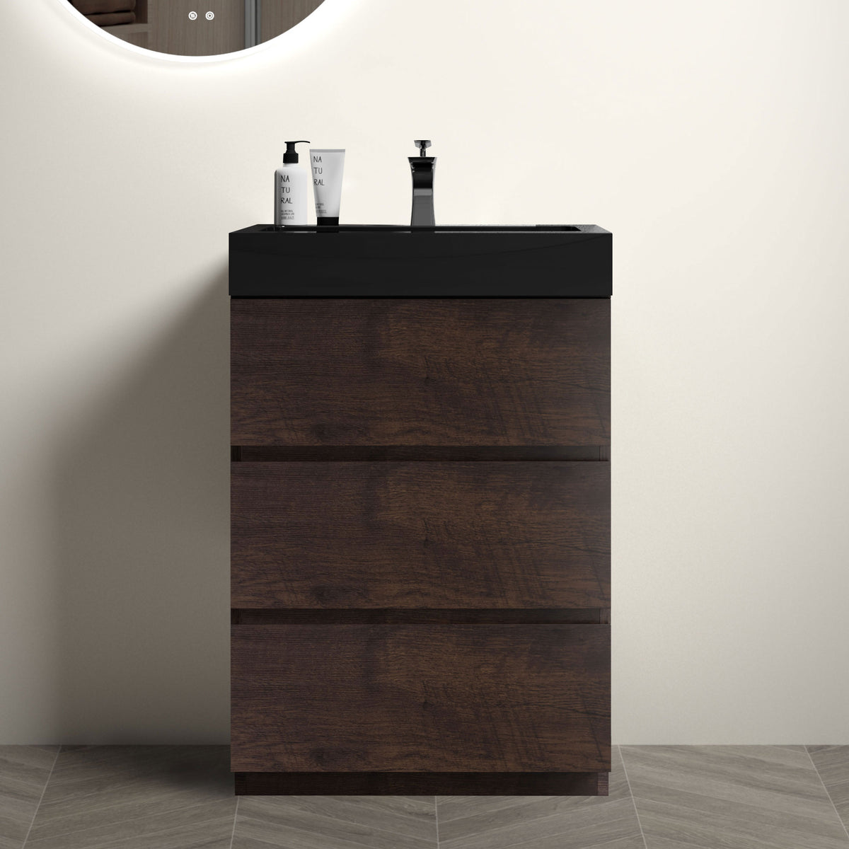 24 Walnut Bathroom Vanity with Sink Large Storage Freestanding Design One-Piece Black Basin Pre-assembled In Walnut