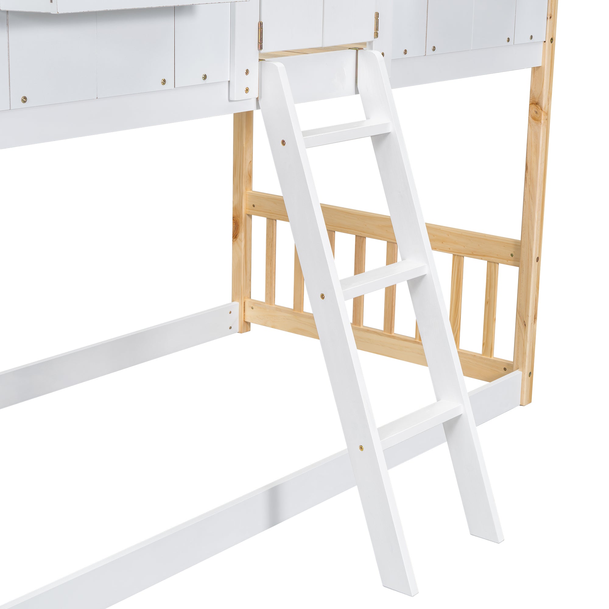 Twin Over Twin House Bunk Bed with Roof, Window, and Door in Natural and White Tones