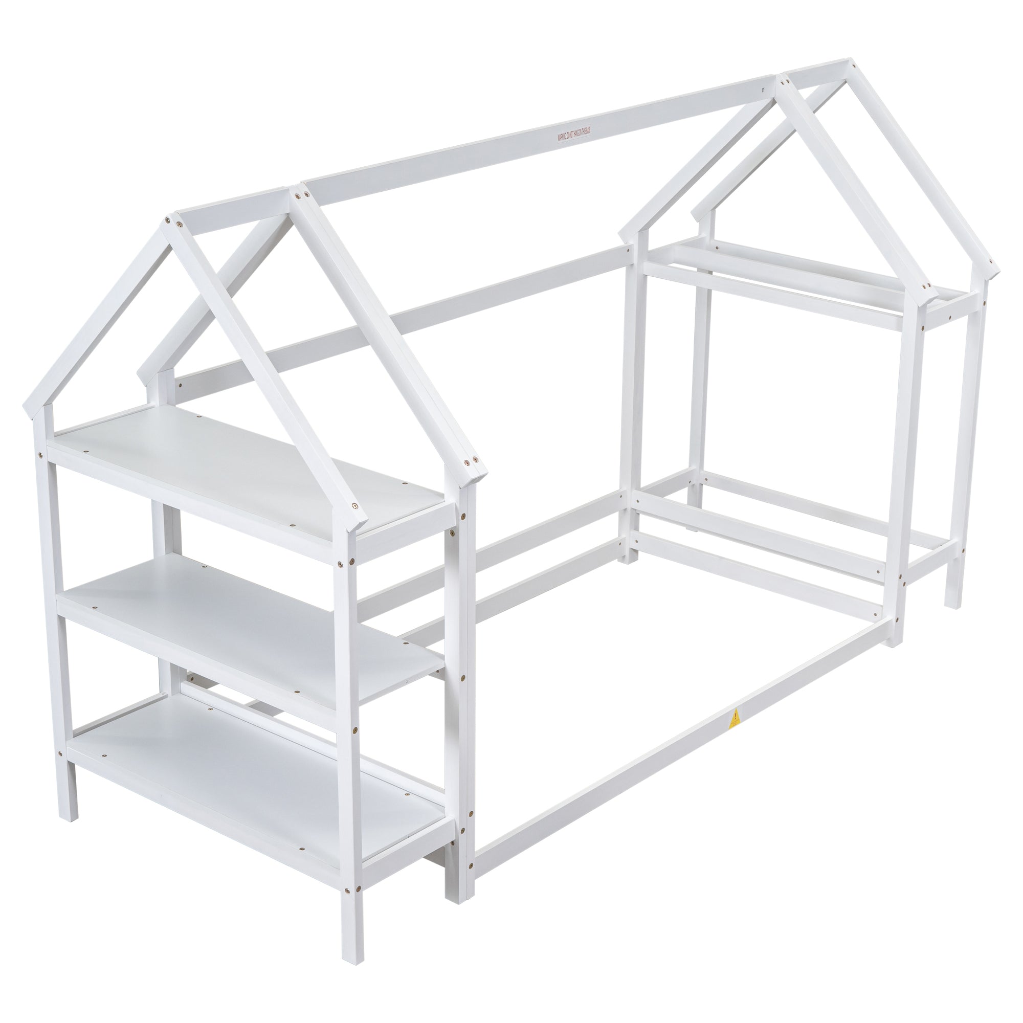 Twin Size Wood House-Shaped Floor Bed with Storage Shelf and Hanger in White