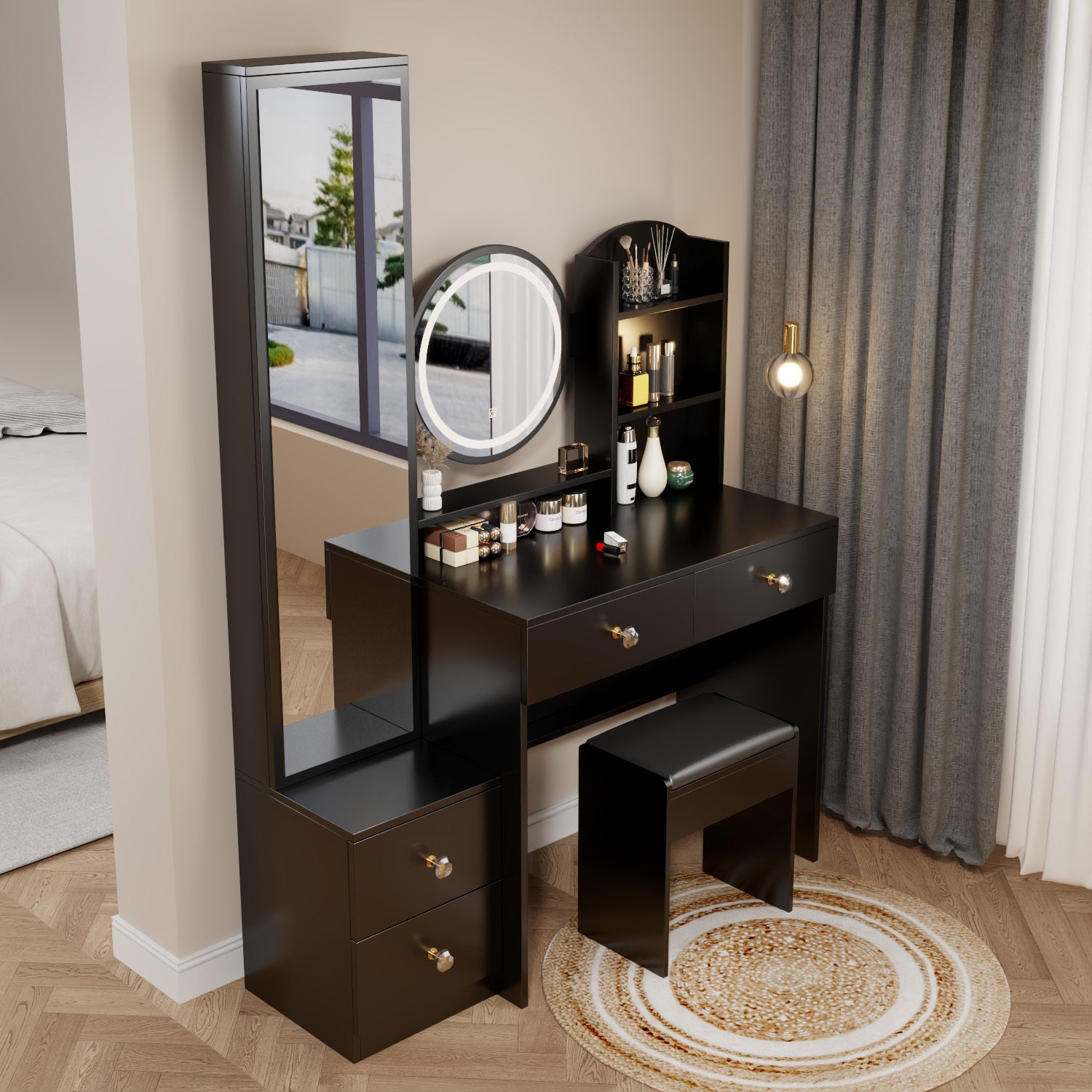 Full Body Mirror Cabinet With Round LED Vanity Table And Cushioned Stool Touch Control 3-Color Brightness Adjustable In Black