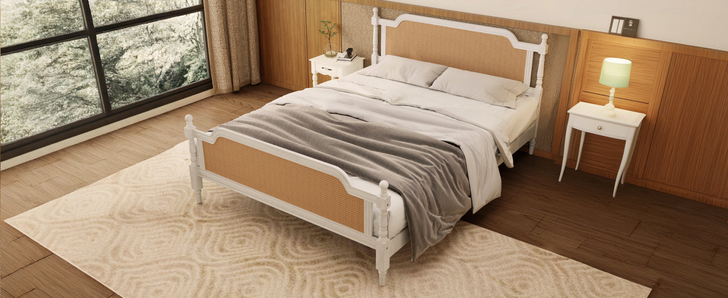 Queen Size Rattan Bed Frame in Antique White