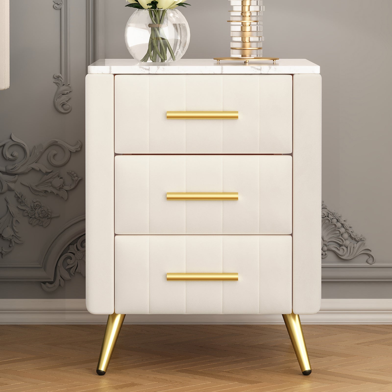 16" Beige Upholstered Wooden Nightstand with 3 Drawers & Gold Accents