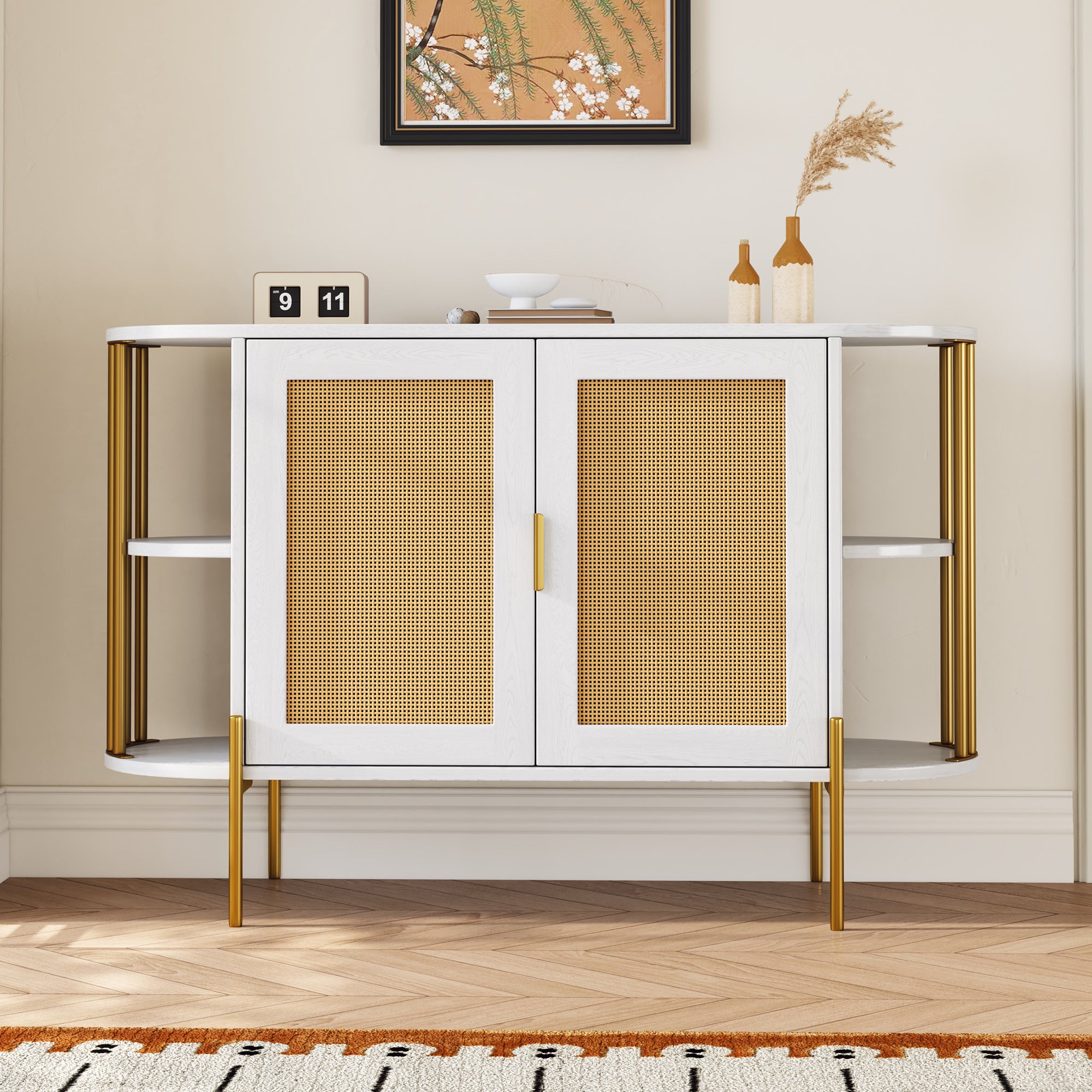 Elegant Curved Dining Cabinet with Gold Trim and Woven Rattan Doors for Dining Room In White