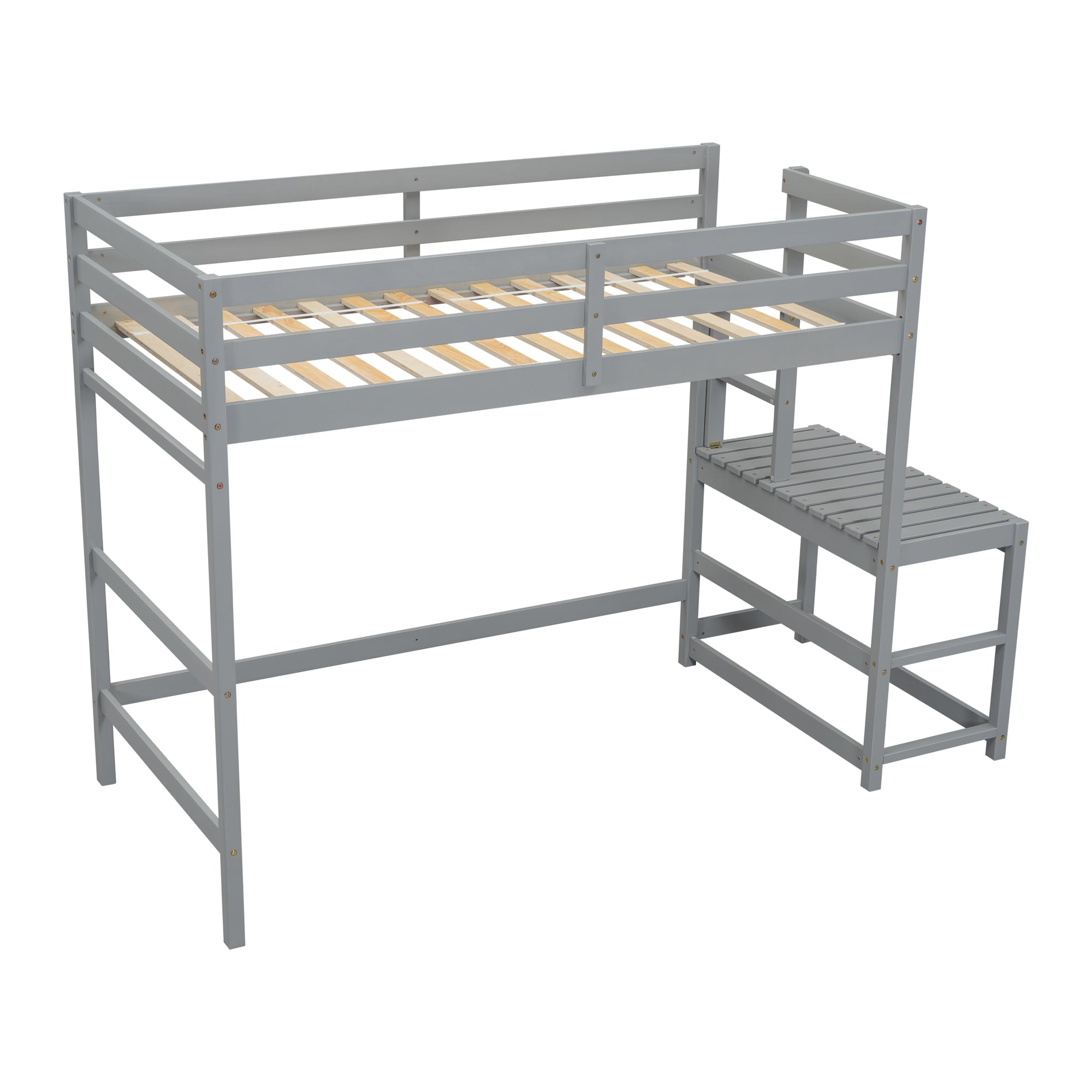 Gray Twin High Loft Bed with Ladder Landing Platform and Guardrails