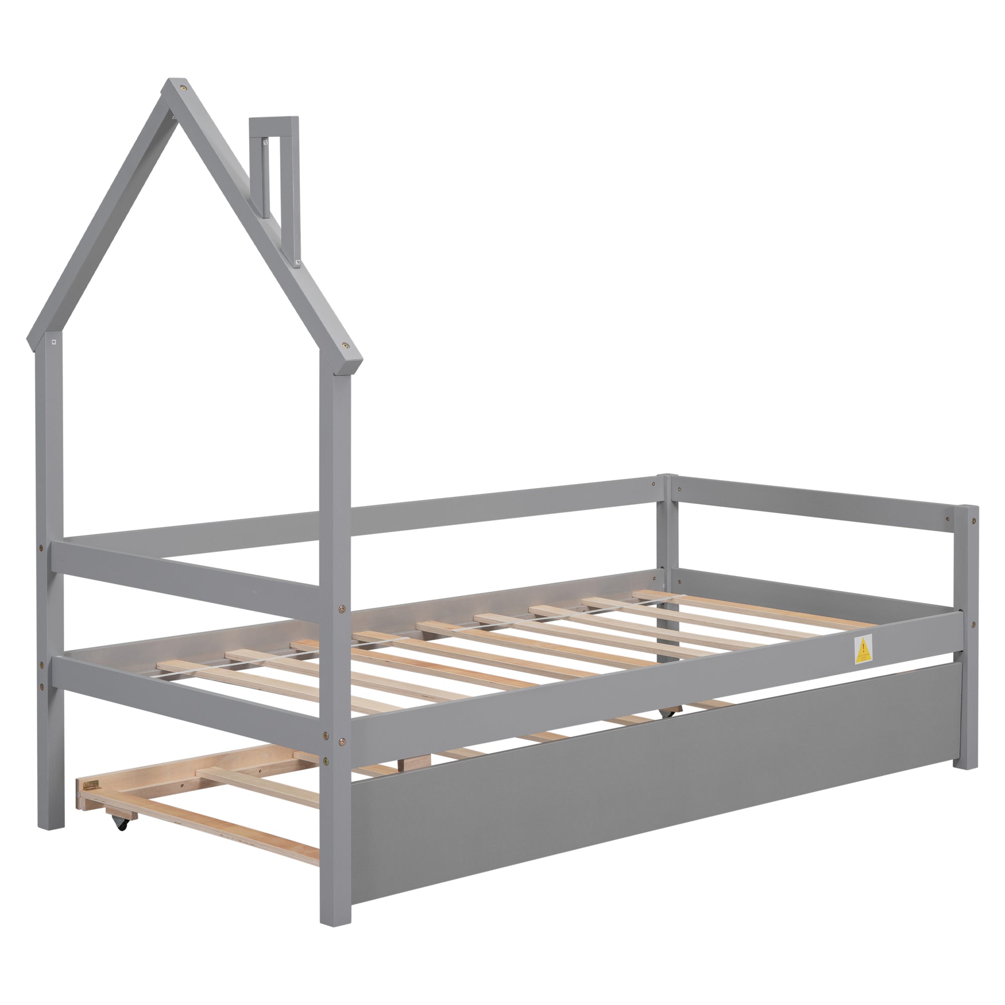 Twin House Wooden Daybed with Trundle and Guardrails in Gray