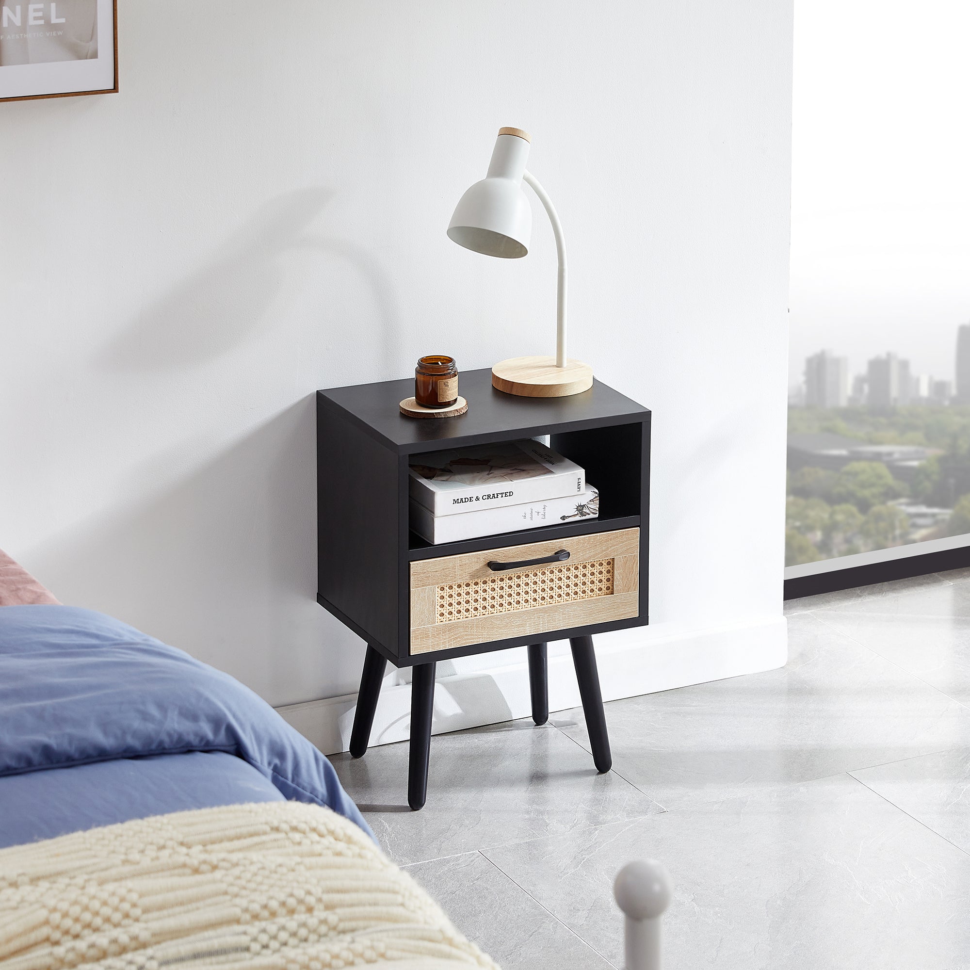 15.75 Rattan End Table with Drawer and Solid Wood Legs Modern Nightstand for Living Room and Bedroom In Black