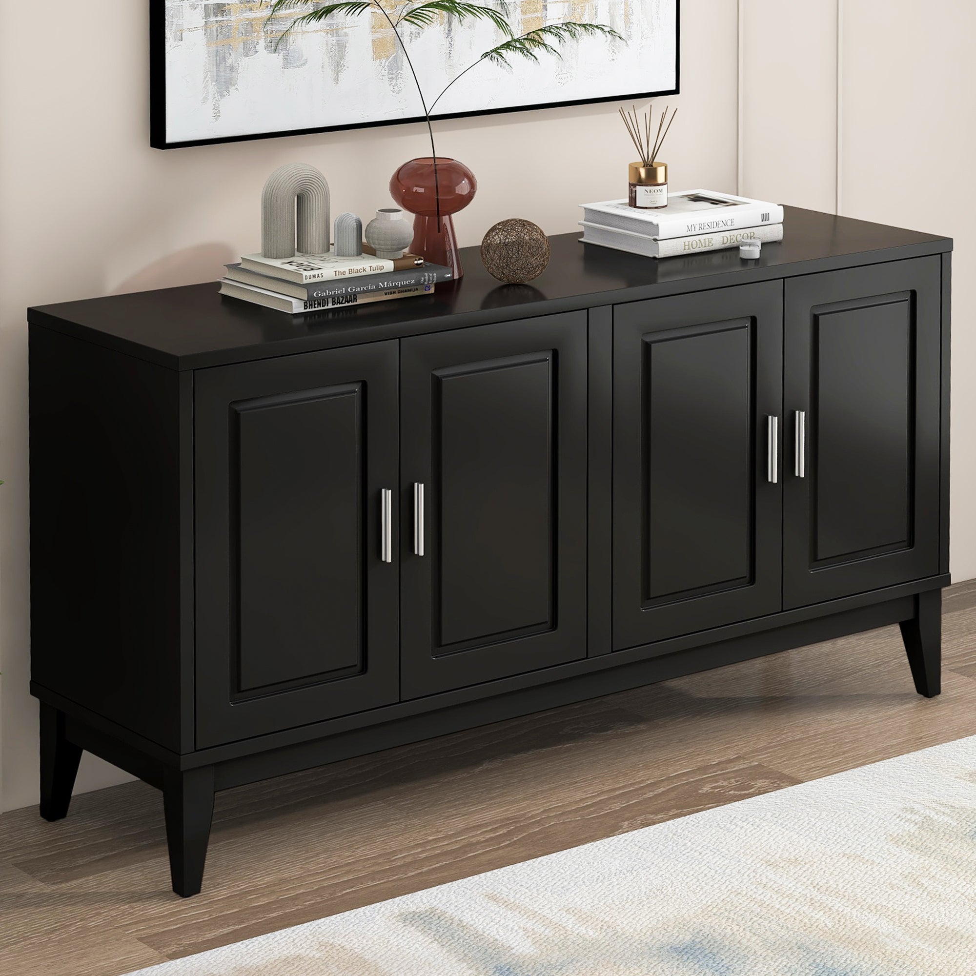 4-Door Sideboard Storage Cabinet with Adjustable Shelves for Living Room and Dining Room In Black