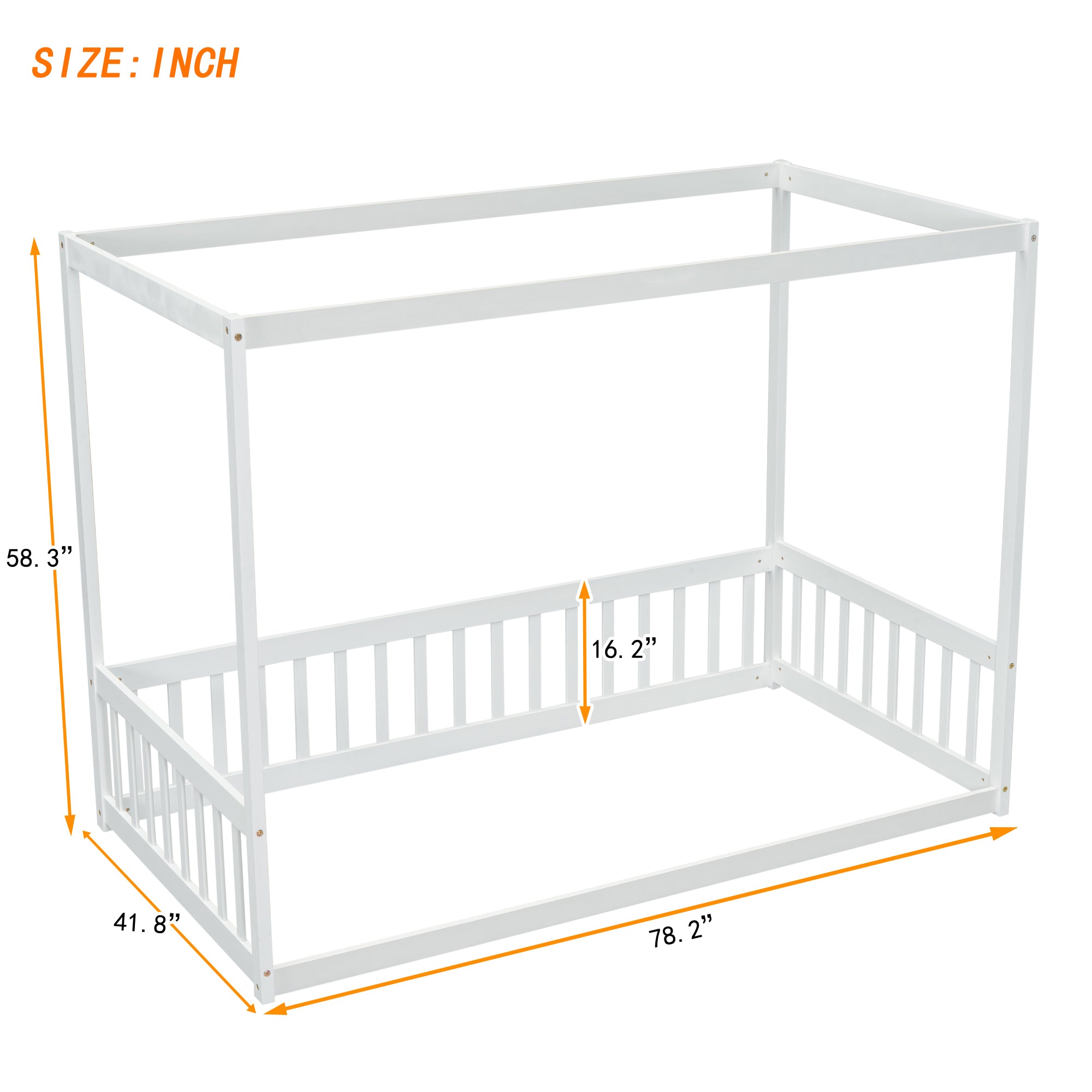 Twin Size White Canopy Frame Floor Bed with Fence and Guardrails