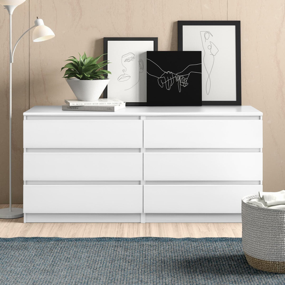 55&quot; White Simple 6 Drawer Double Dresser
