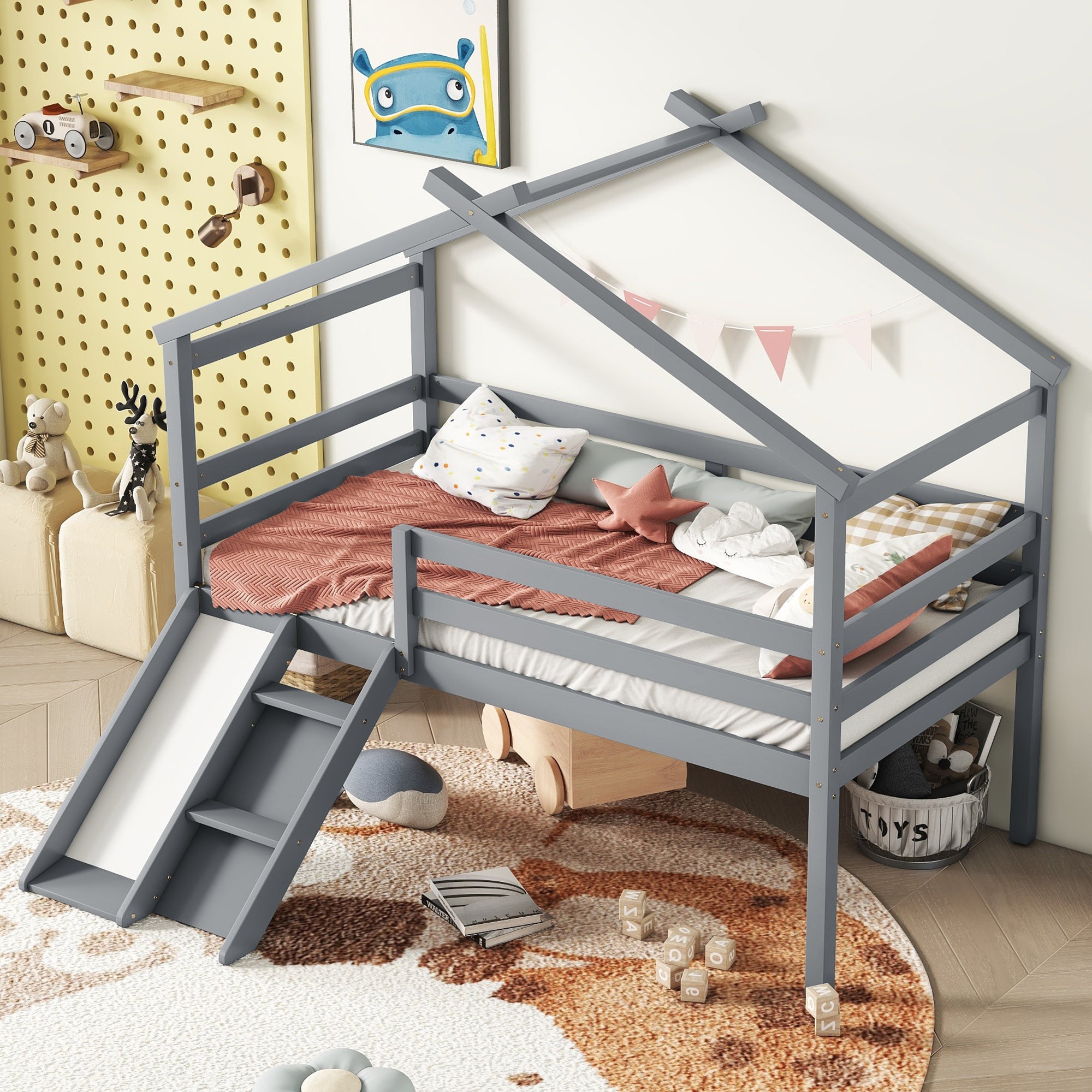 Gray Twin Low Loft House Bed with Slide, Ladder, and Roof Frame