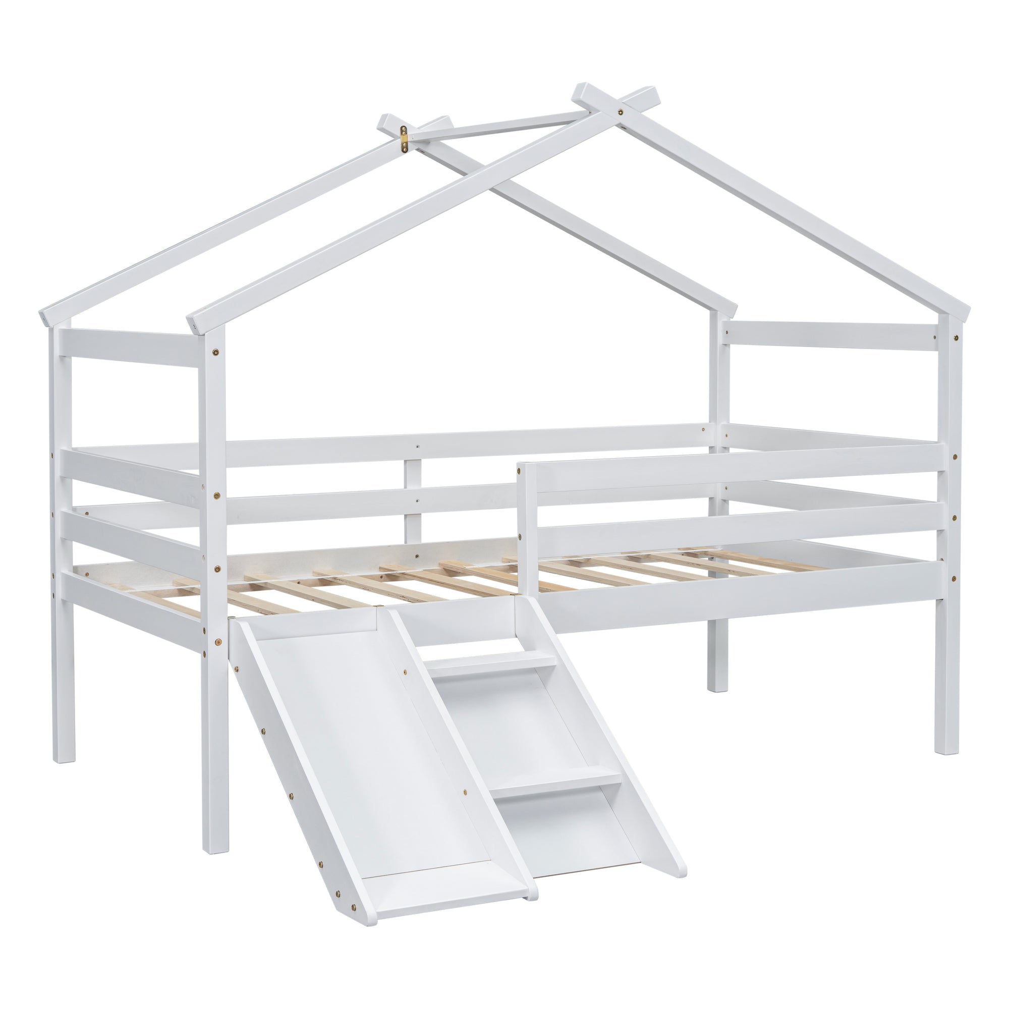 White Twin Low Loft House Bed with Slide and Ladder