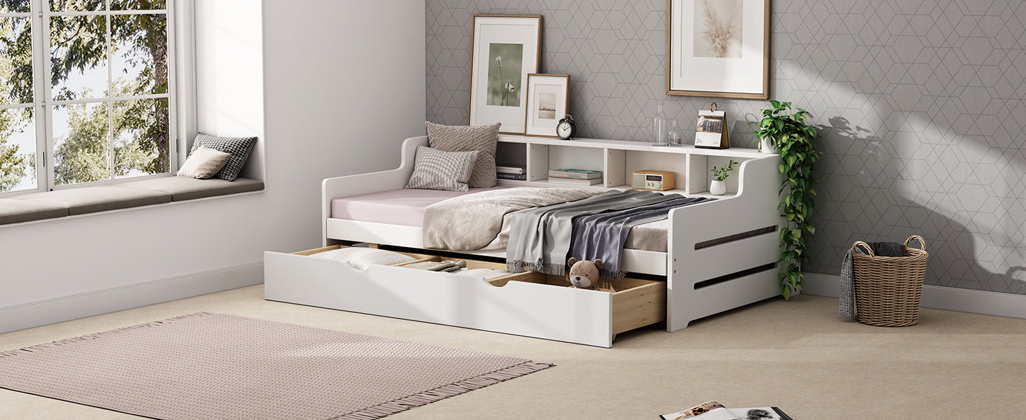 White Twin Daybed with Trundle and Storage Shelves