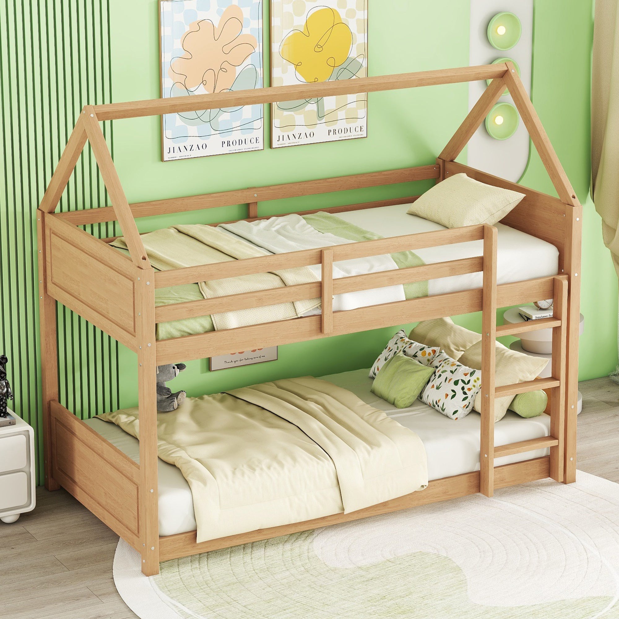 White Oak Twin Over Twin House Floor Bunk Bed with Headboards, Footboards, Guardrails, and Ladder