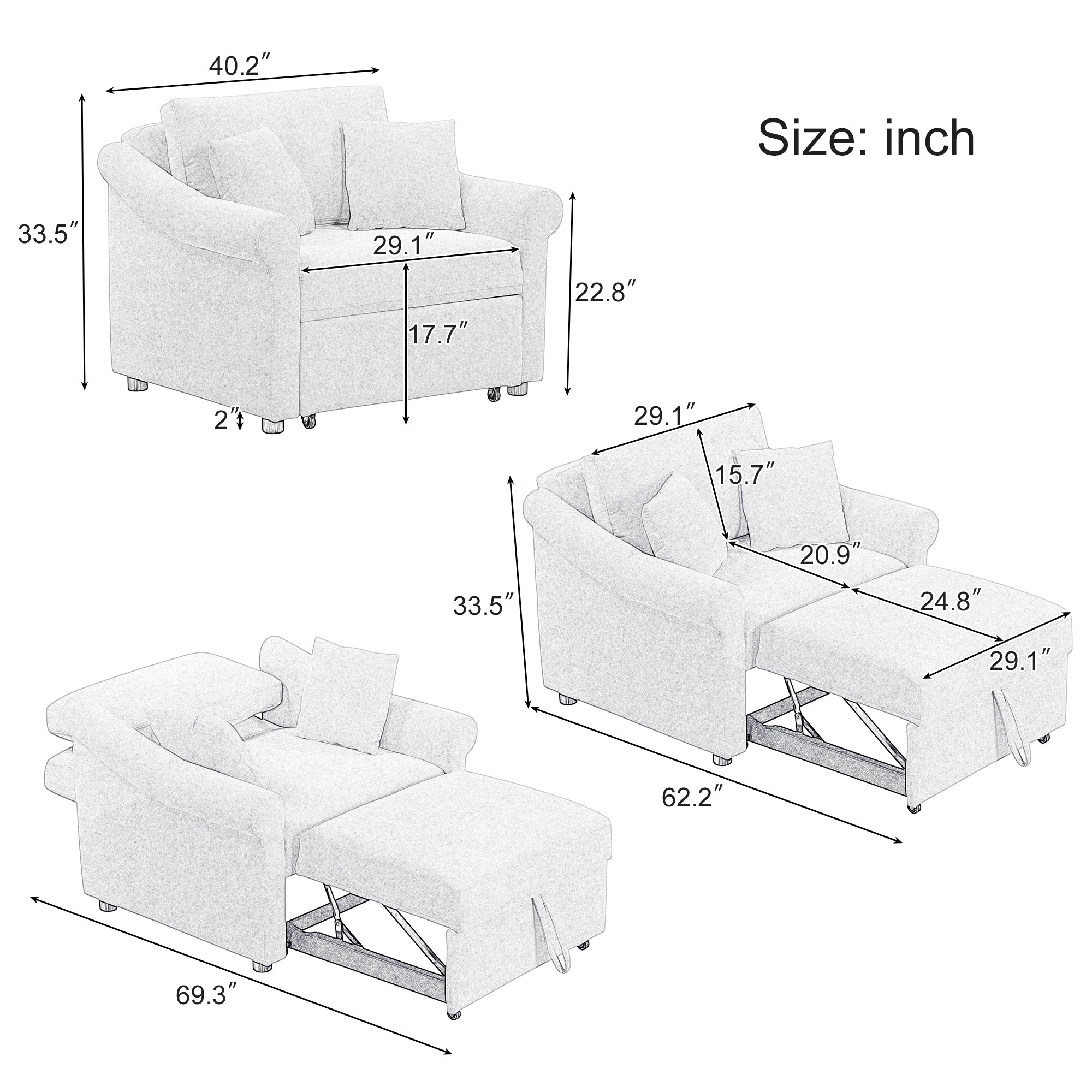 3-in-1 Gray Chenille Sleeper Chair