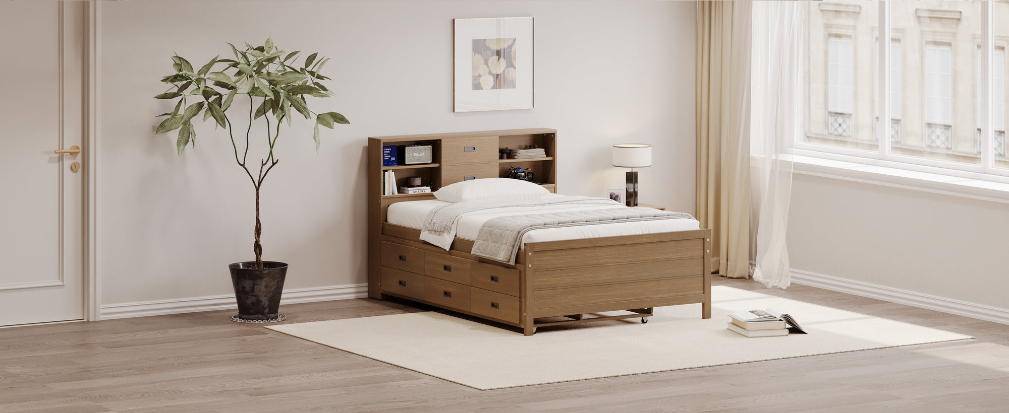 Walnut Twin Platform Bed with Trundle, Drawers & Storage Headboard