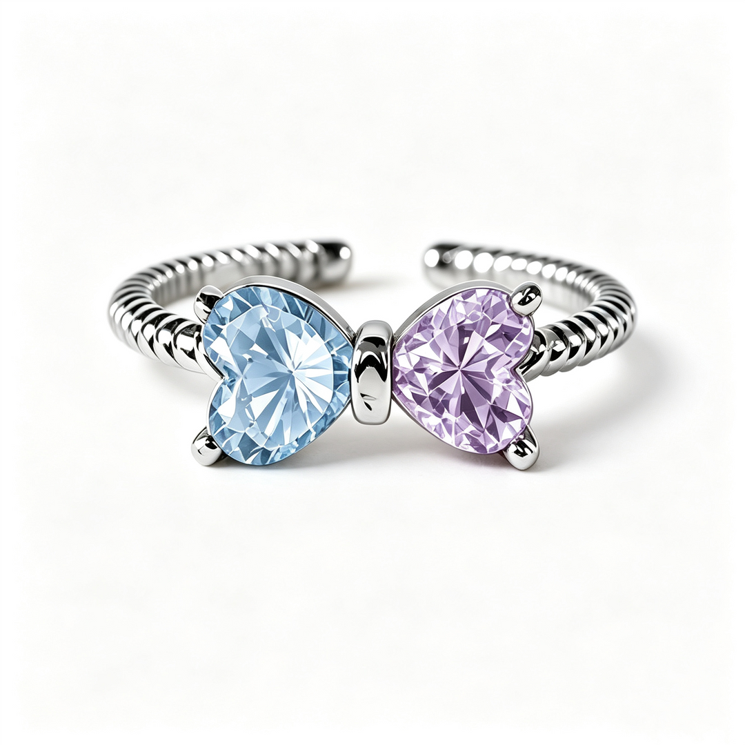 Double Birthstones Ring With Bow & Twisted Rope Band In Gold