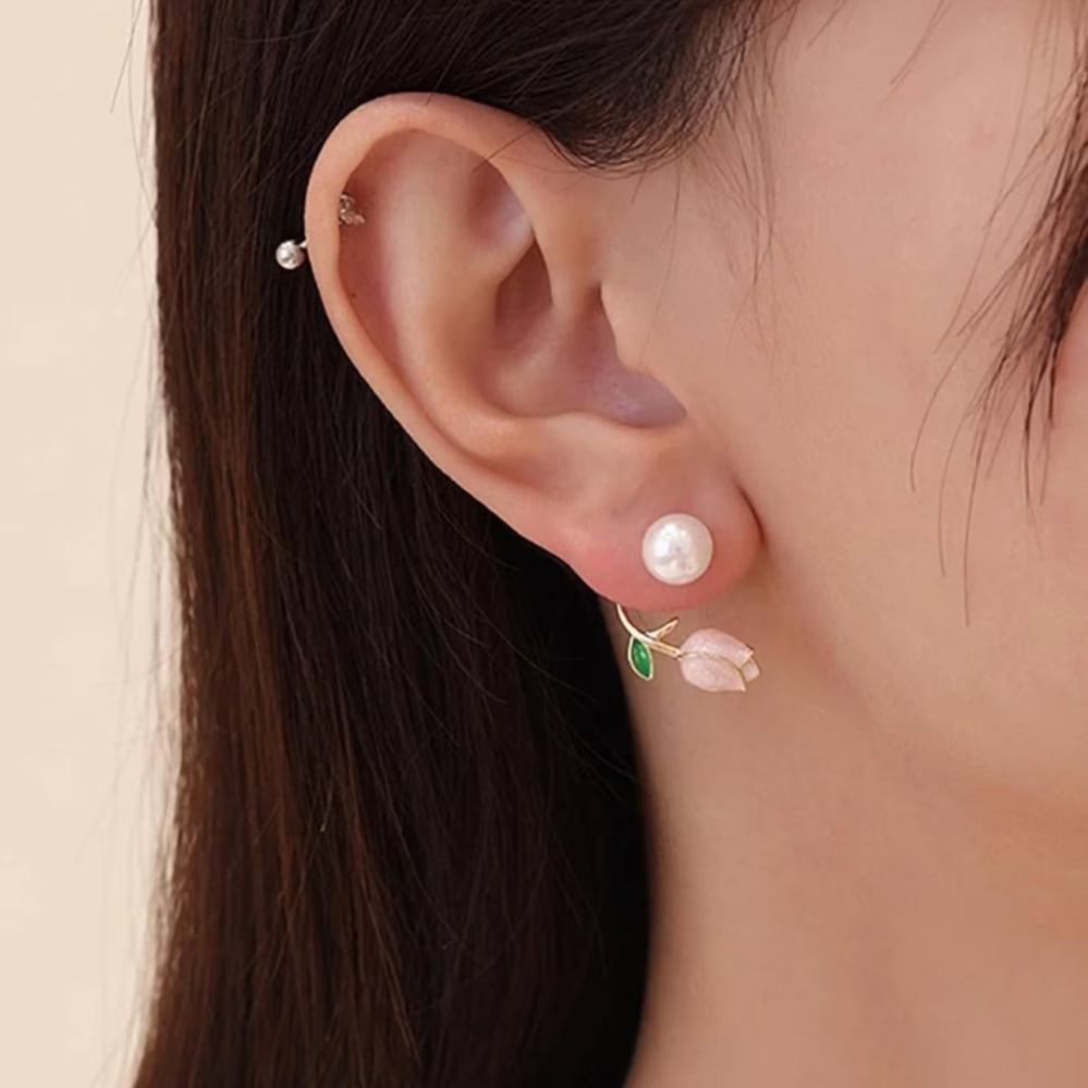 Tulip Pearl Stud Earrings Purple Floral Pearl Earrings