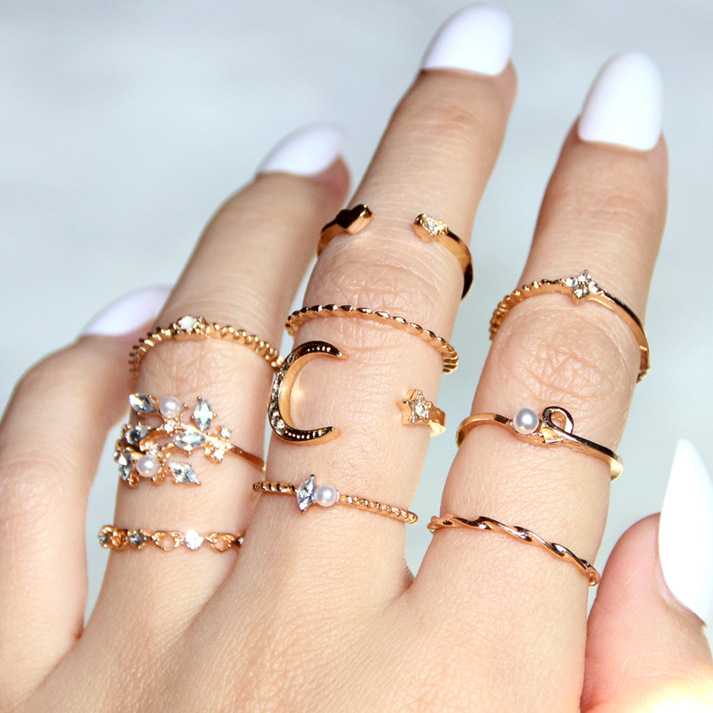 Moon and star 10 piece fashion ring set