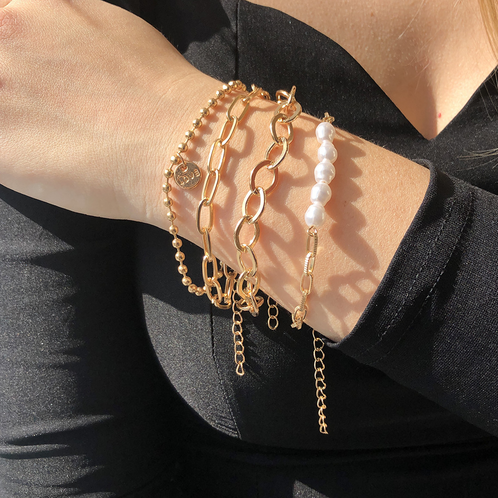 3 Piece Gold Pearl Bracelet Large Chain Set