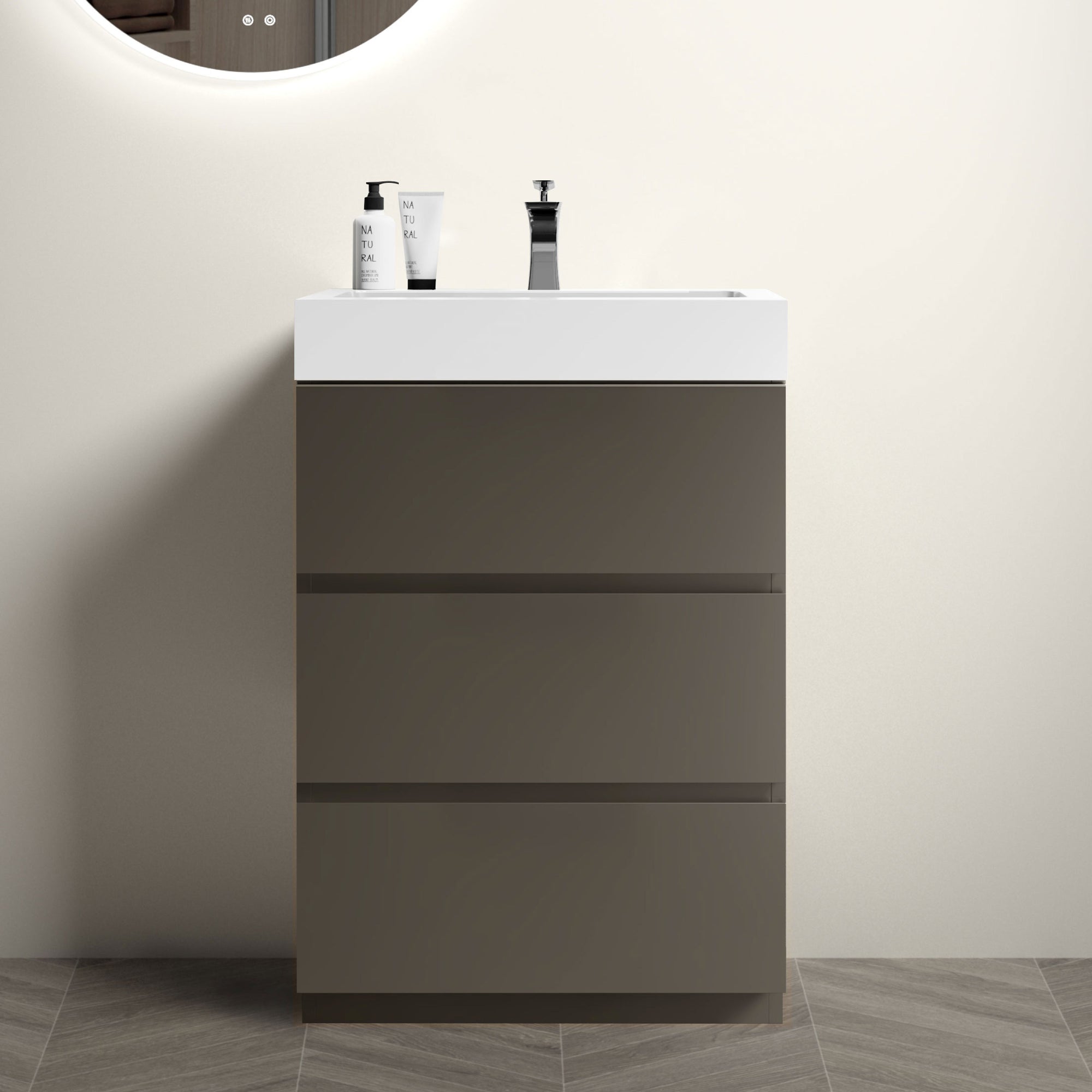 24 Inch Gray Bathroom Vanity with Sink and Large Storage Freestanding Design Eco-Friendly One-Piece White Basin In Gray