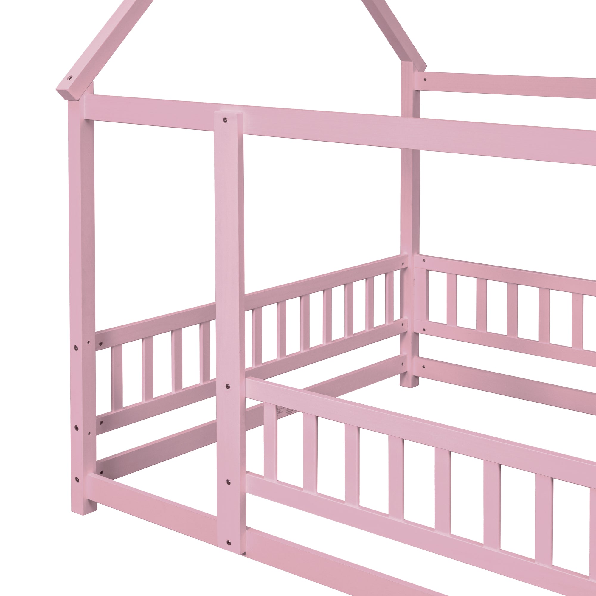 Pink Full-Size Toddler Floor Wooden Bed with House Roof Frame & Fence Guardrails