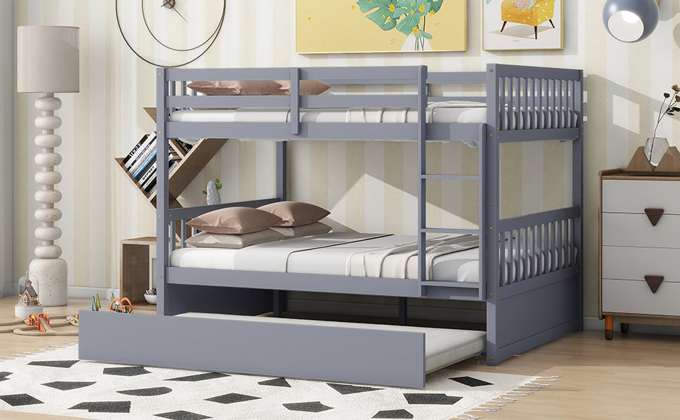 Gray Full Over Full Rubber Wood Bunk Bed with Trundle, Ladder, and Guardrails