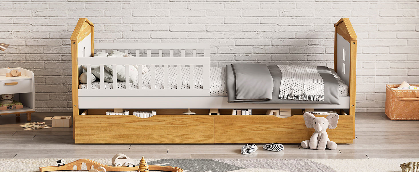 Twin Safety Bed For Toddlers with Fence Guardrails & Storage Drawers