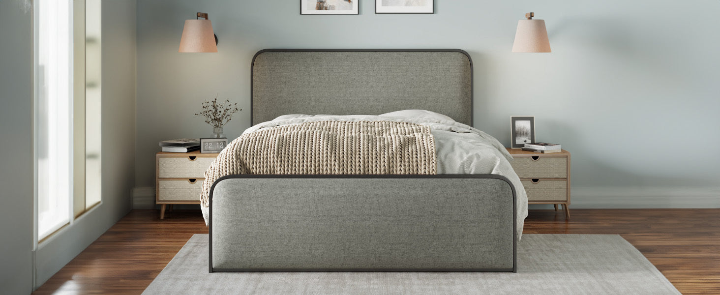 Gray Queen Metal Bed Frame with Upholstered Headboard