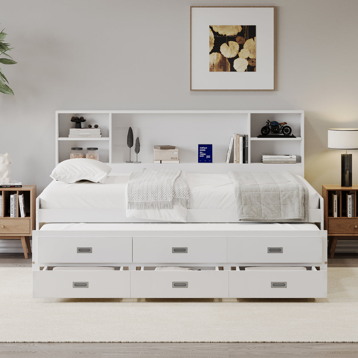 Twin Daybed with Trundle &amp; Storage In White