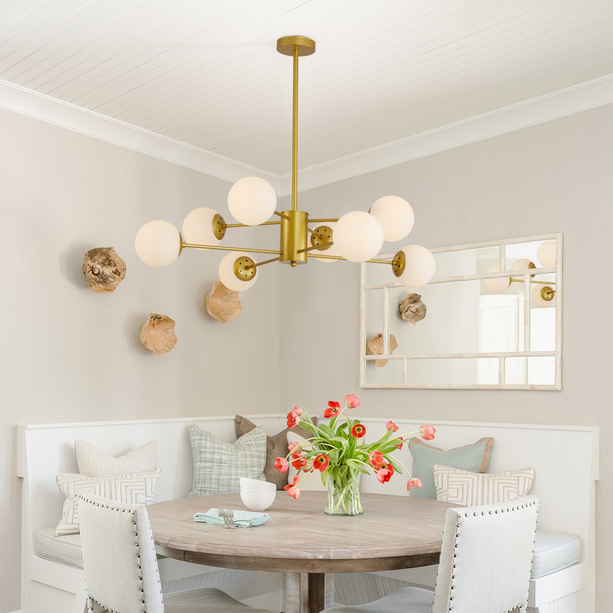 Modern 8-Light Gold Chandelier with White Glass Globe Shades