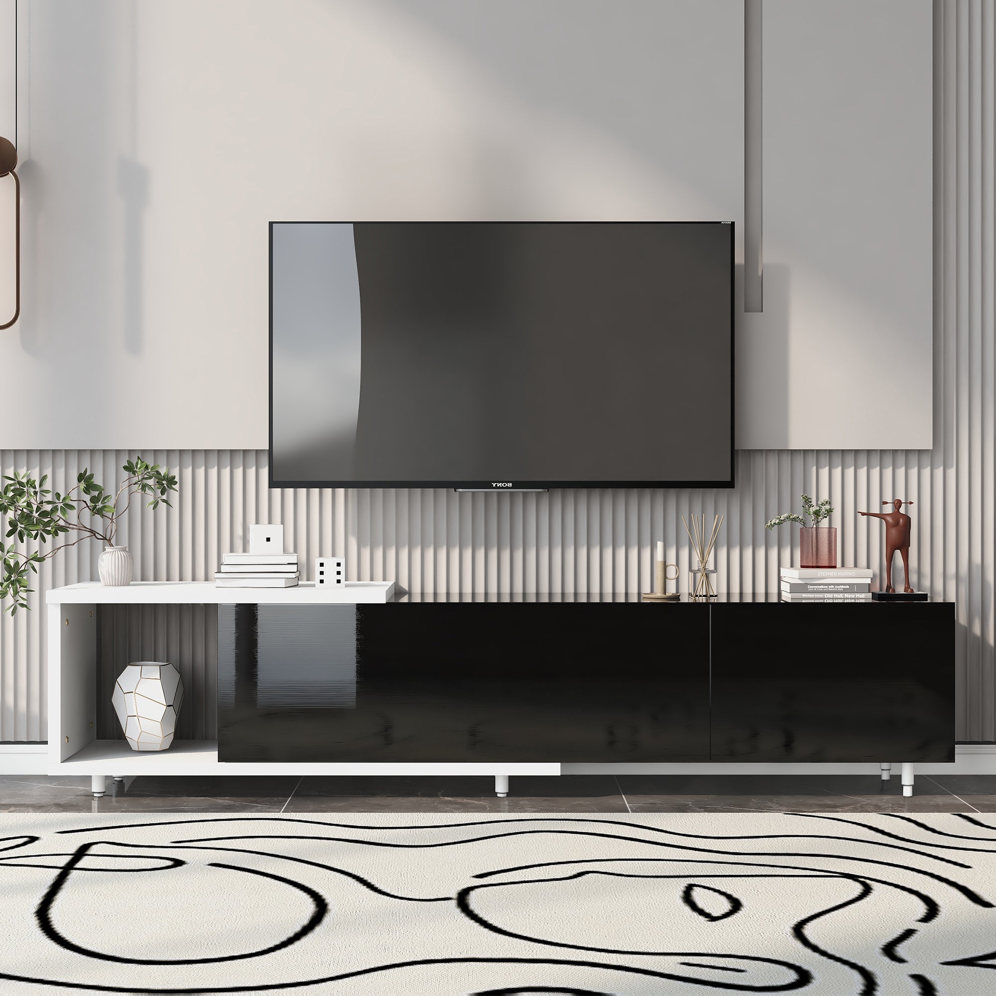 Modern Stylish TV Stand for 80 Inch TV in White and Black with Adjustable Length from 70.1 to 100 Inches