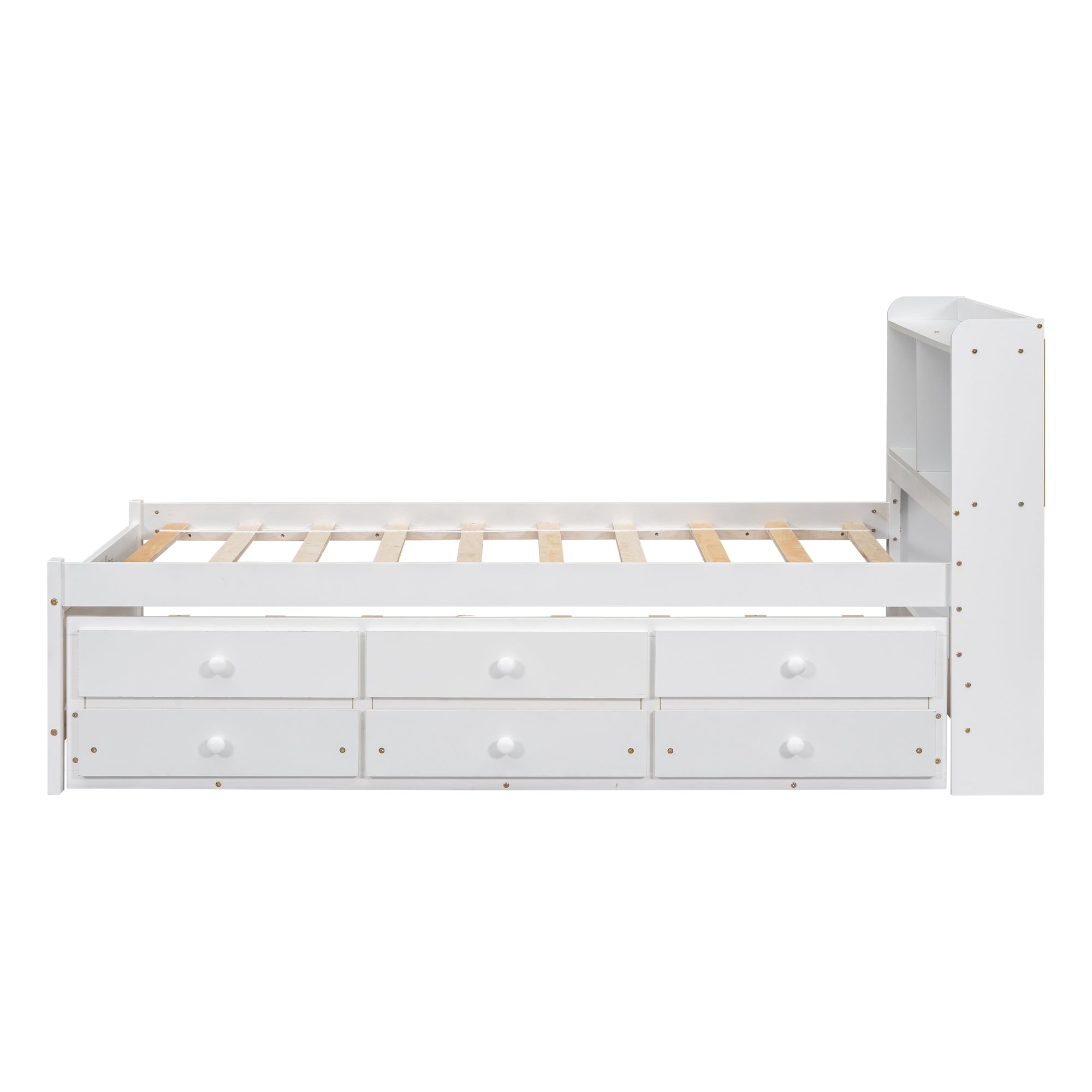 Twin Bed with USB & Type-C Ports, LED Lights, Bookcase Headboard, Trundle & 3 Drawers In White