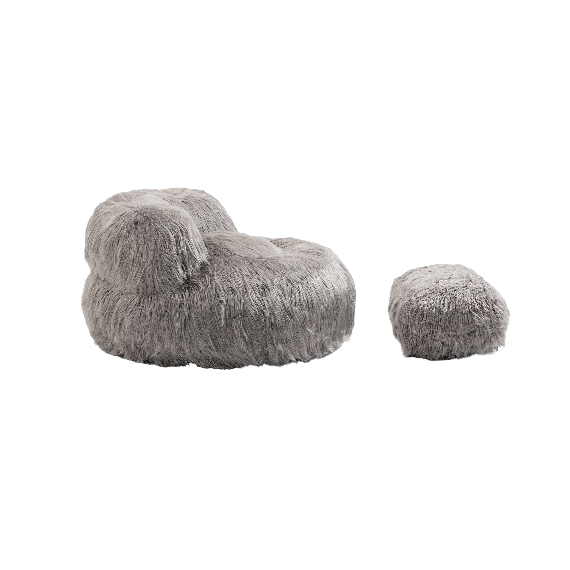 Shaggy Bean Bag Chair with Ottoman and Handle In Gray