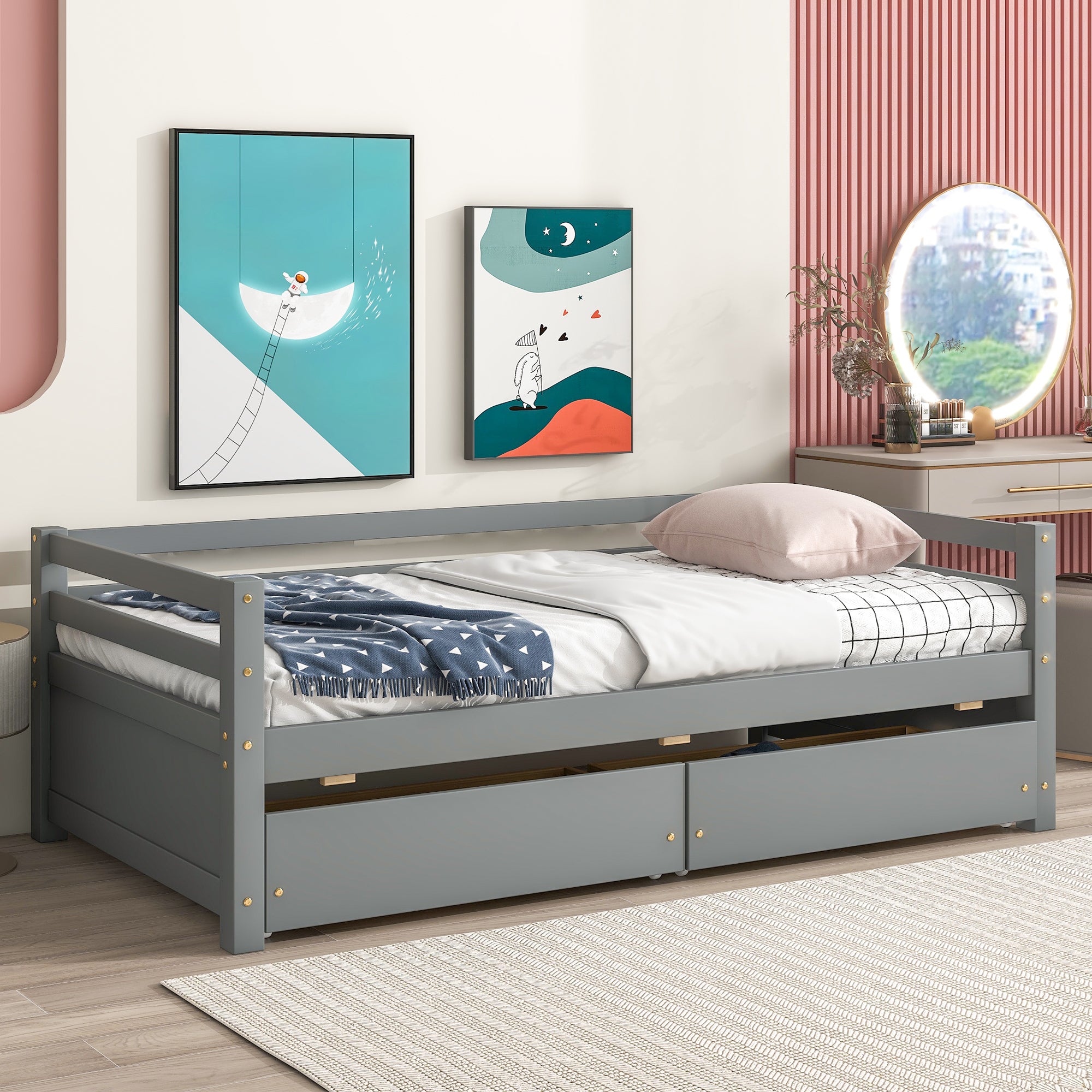 Twin Size Gray Daybed with Two Storage Drawers