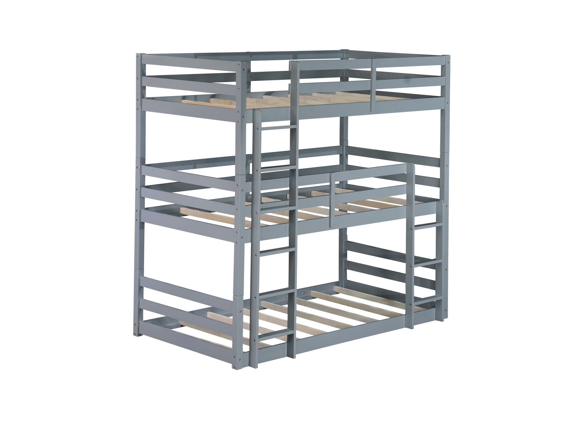 Gray Triple Rubber Wood Bunk Bed with Built-in Ladders and Guardrails