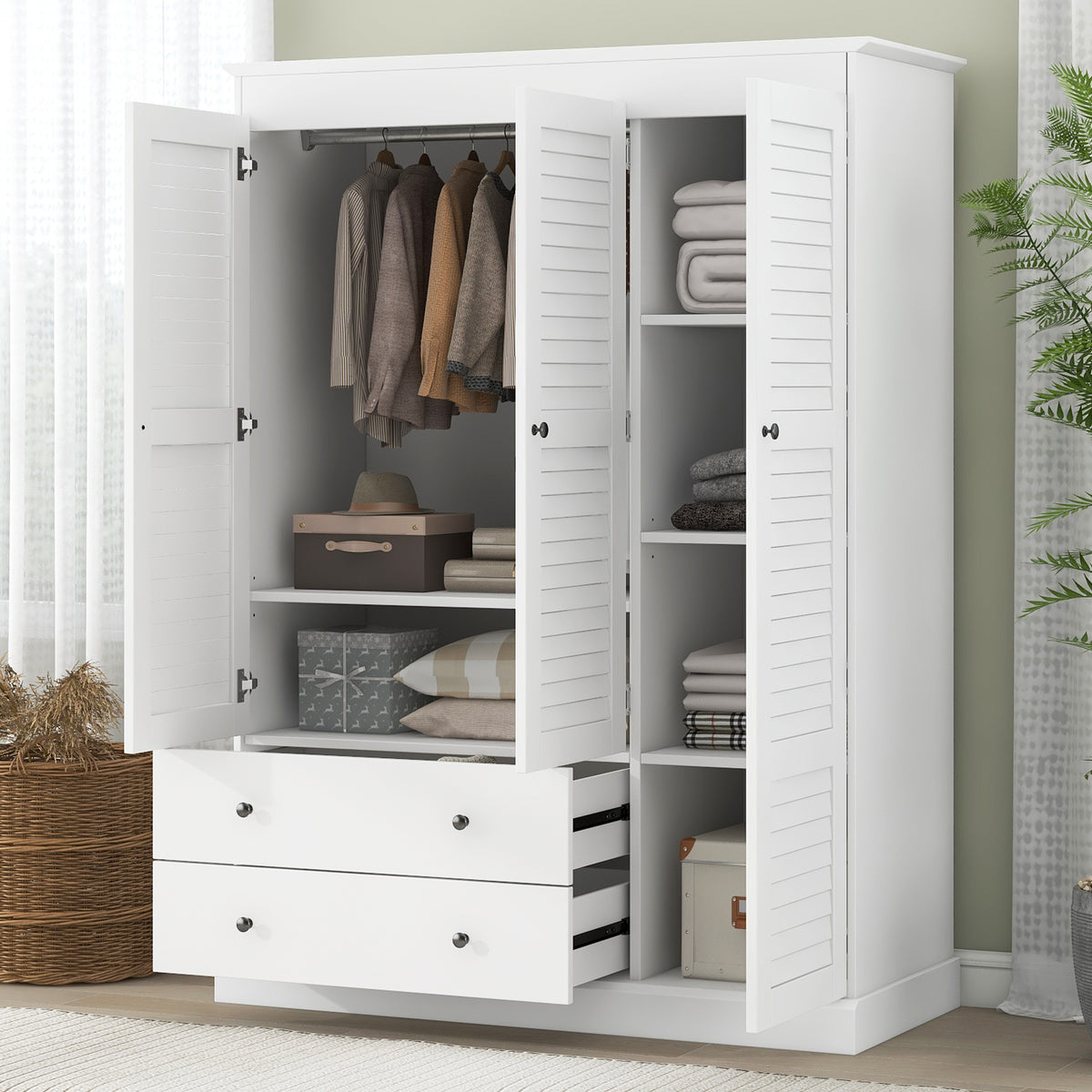 Spacious 3 Shutter Door Wardrobe Armoire Closet with 2 Drawers in White