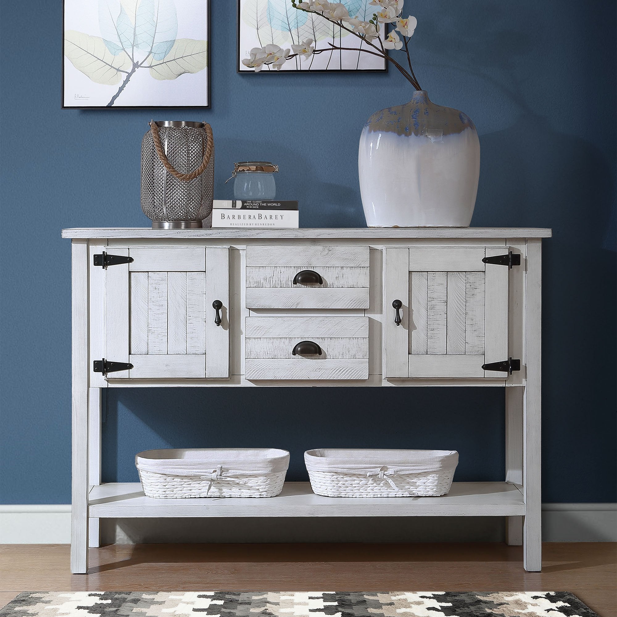 48 Inch Solid Wood Sideboard Console Table with 2 Drawers and Cabinets Retro Style Buffet Server for Living Room Kitchen In Antique White