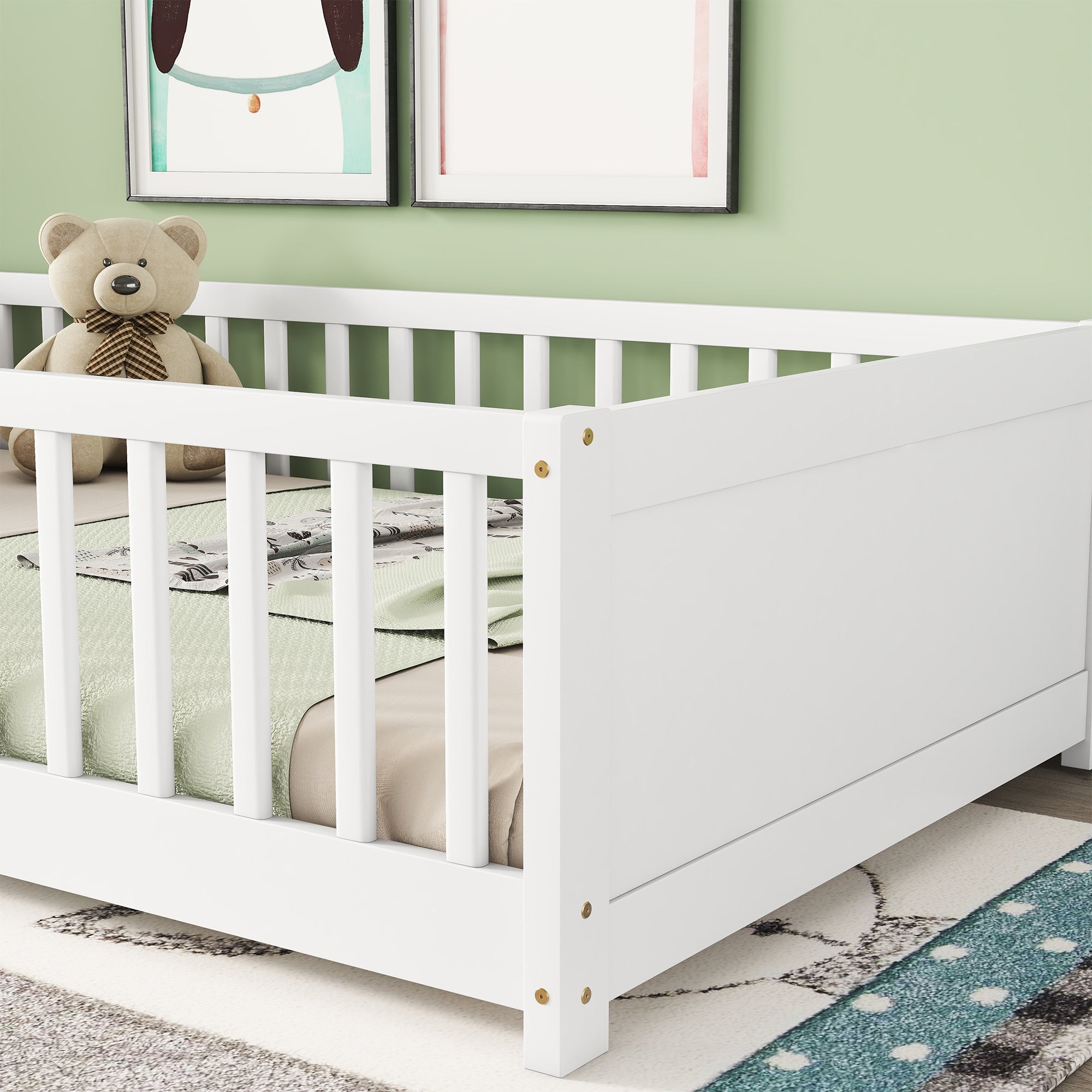 White Twin Toddler Floor Platform Bed with Built-in Book Storage Rack and Door