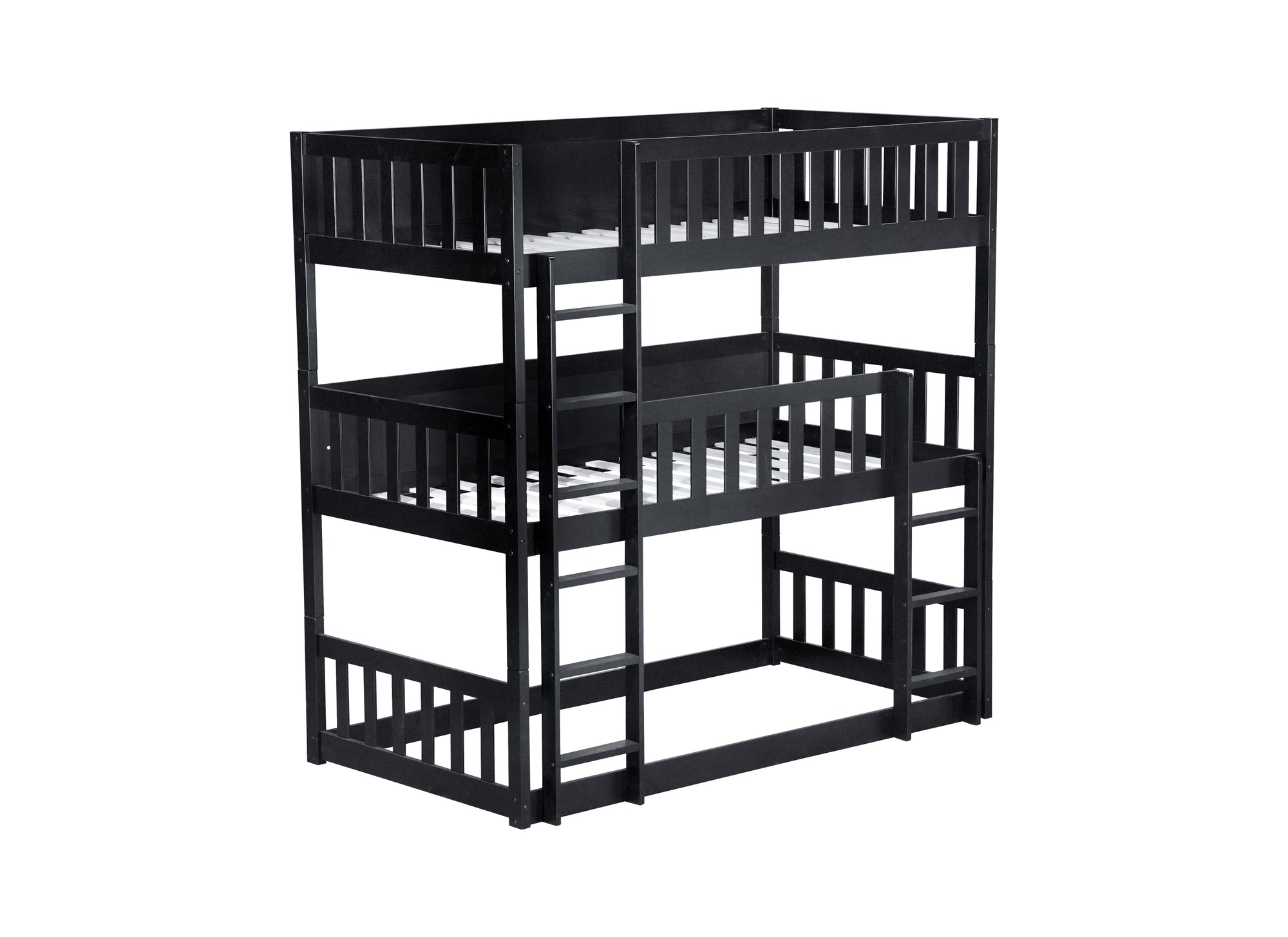 Black Twin Size Triple Rubber Wood Bunk Bed with Ladders and Detachable Design