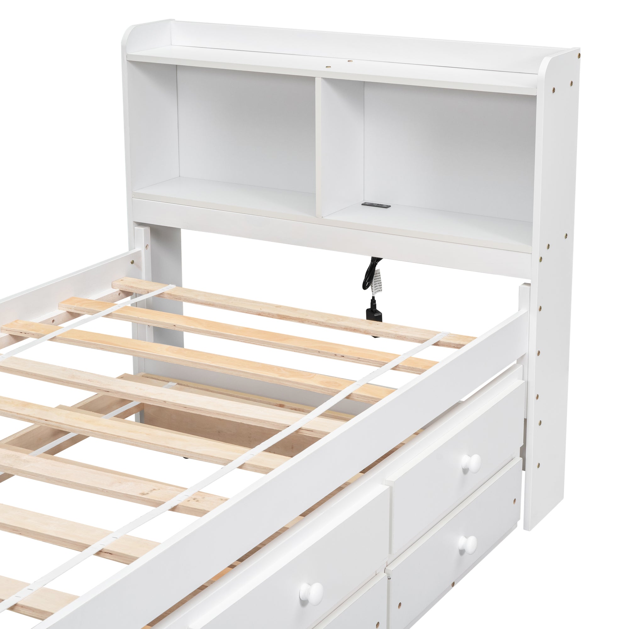 Twin Bed with USB & Type-C Ports, LED Lights, Bookcase Headboard, Trundle & 3 Drawers In White